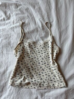 Brandy Melville Cream Cami with Navy Floral Print and Lace Trim